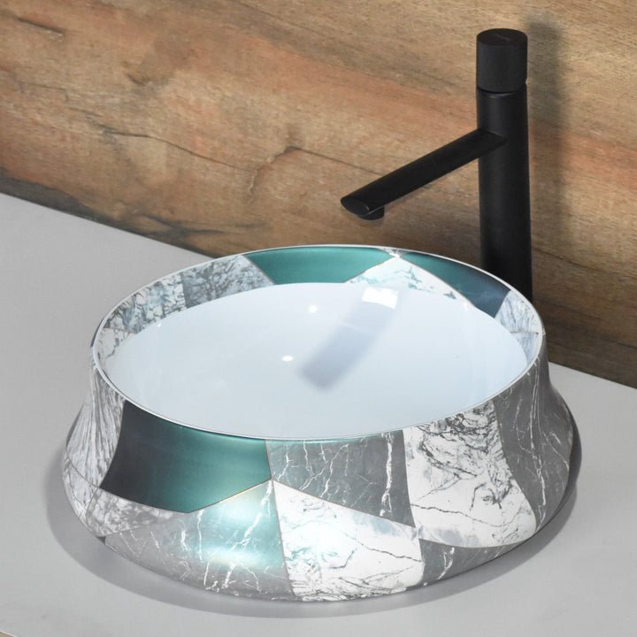 InArt Round Bathroom Ceramic Vessel Sink Art Basin in Green White Marble Color - InArt-Studio-USA