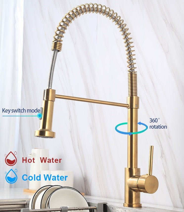 InArt Single-Handle Kitchen Sink Mixer 360° Pull-Down Sprayer Kitchen Faucet with Multi-Function Spray Head, Gold Finish