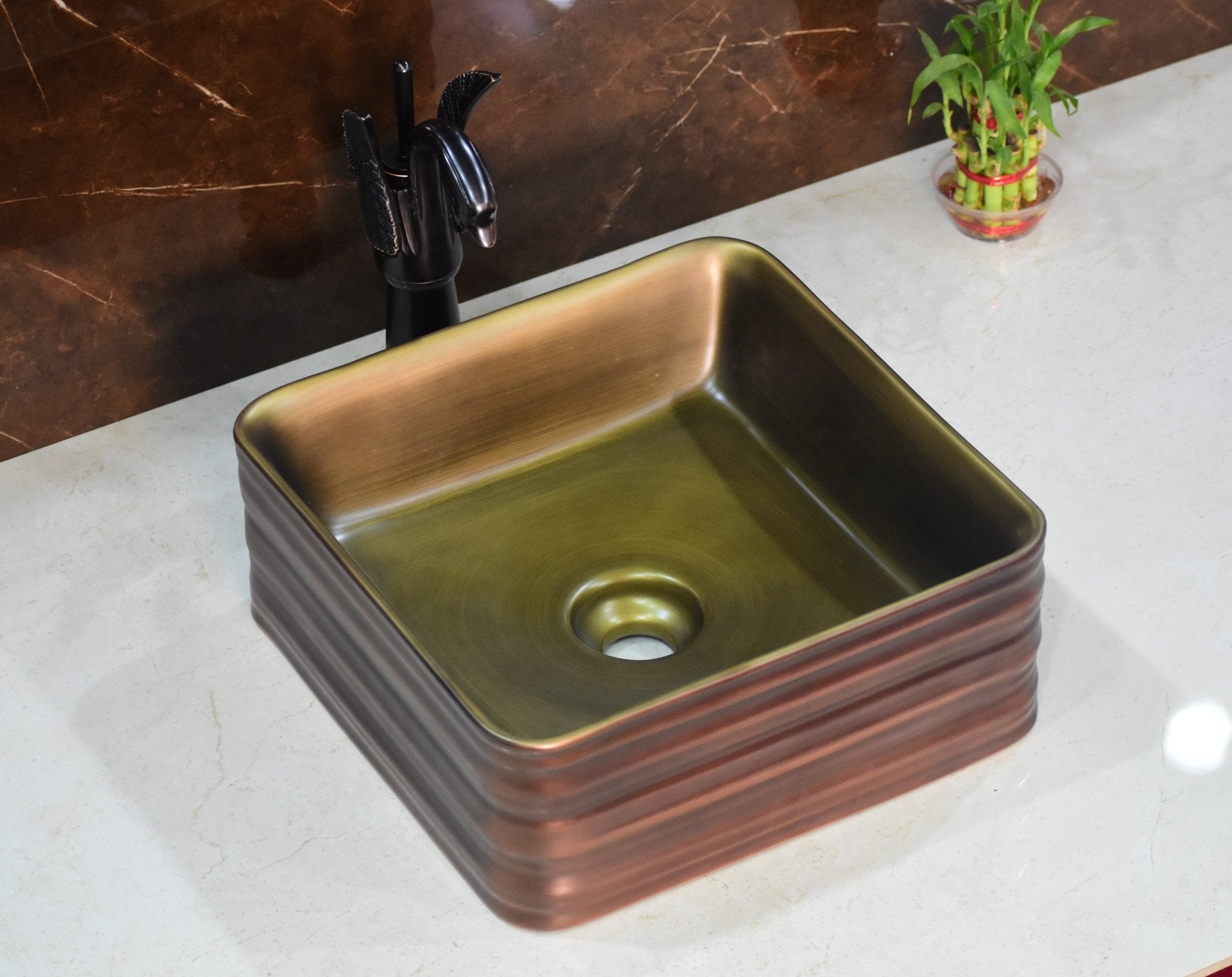 InArt Square Bathroom Ceramic Vessel Sink Art Basin in Antique Bronze Color