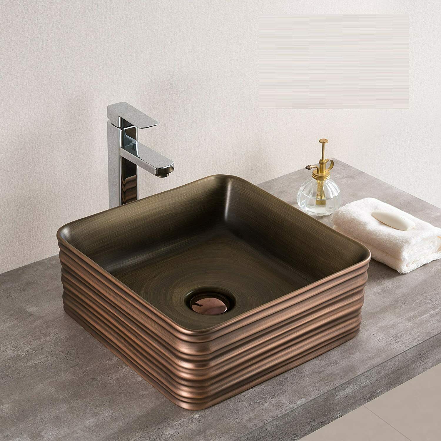 InArt Square Bathroom Ceramic Vessel Sink Art Basin in Antique Bronze Color