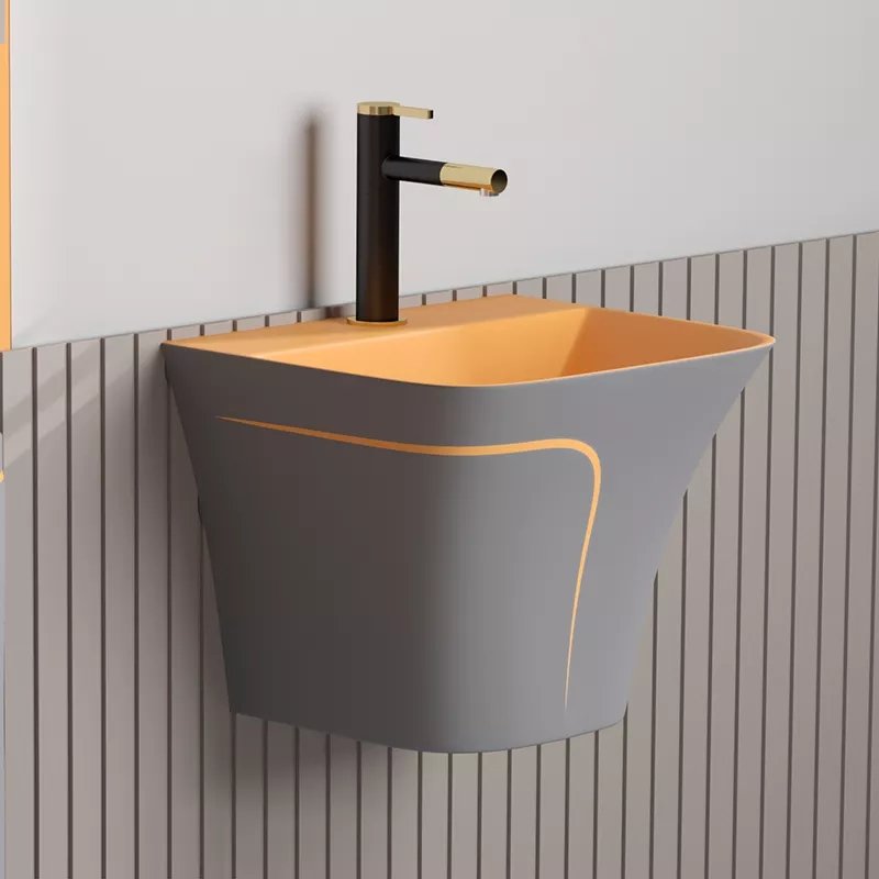 InArt Wall-Mount Pedestal Sink with Center Hole, Matt Grey Orange 49x44 CM - InArt-Studio-USA